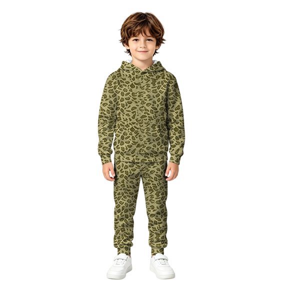 JIAYUE Boys 2‑Piece Outfit Set Leopard Print Long Sleeve Pullover Hoodie Top and Jogger Sweatpants Clothing Sets for Daily Walking Shopping