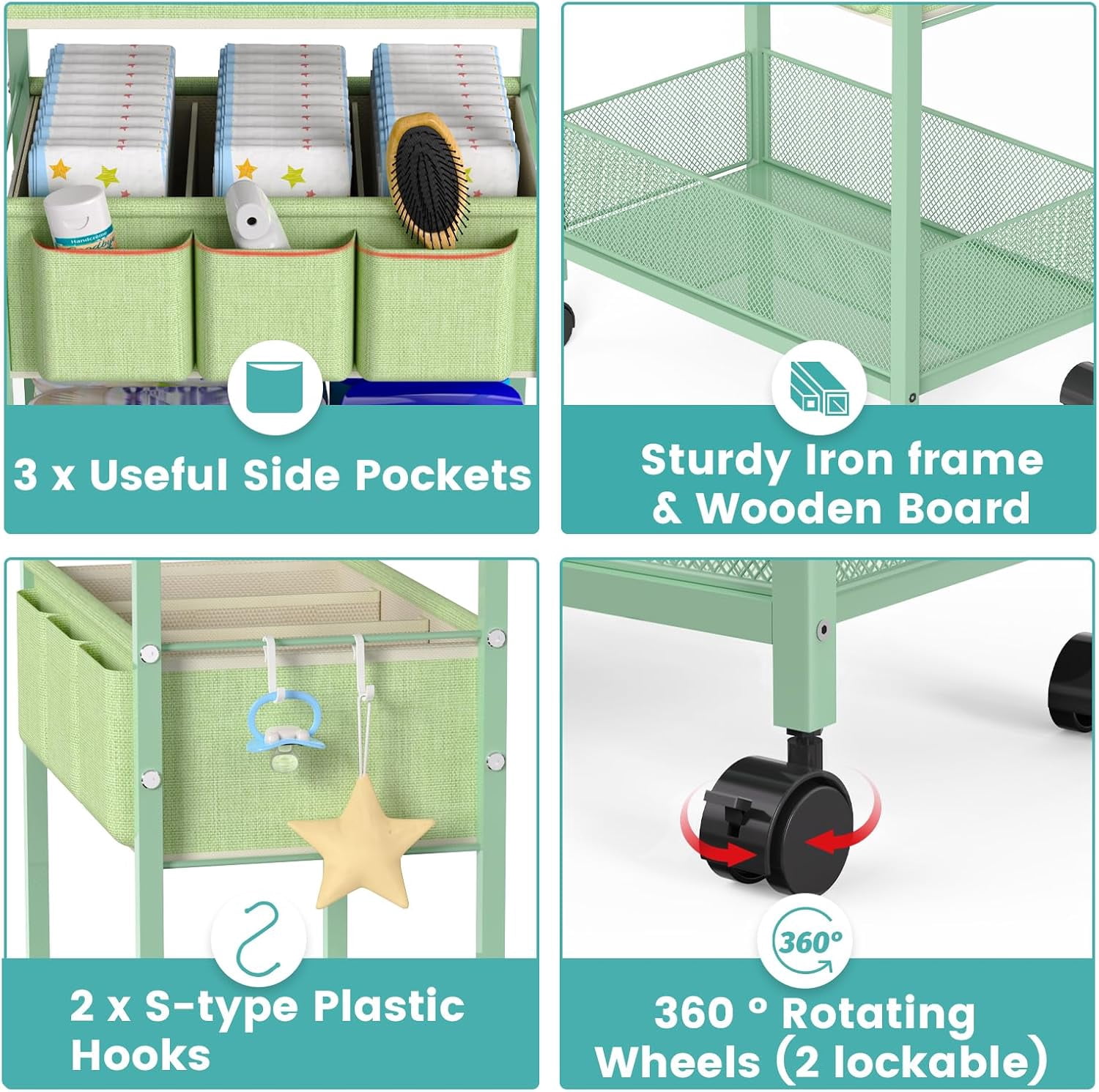 2in1  Diaper Caddy Organizer Cart, 3-Tier Rolling Cart, Metal Diaper Caddy Carts, Bedside Carts for Nursery Essentials Storage, Detachable Dividers, Large Capacity, Green