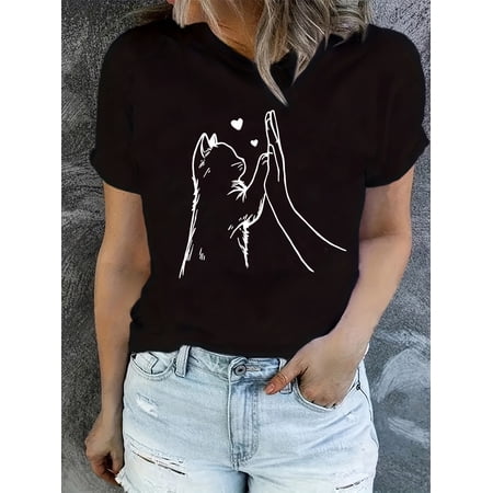 Women's Cat Paw & Heart Graphic Print Casual T-Shirt - Soft Stretch Round Neck Short Sleeve Top for Spring Summer, Machine Washable Pet Lover Tee, Cat T Shirt, Everyday Comfort, Medium Elasticity