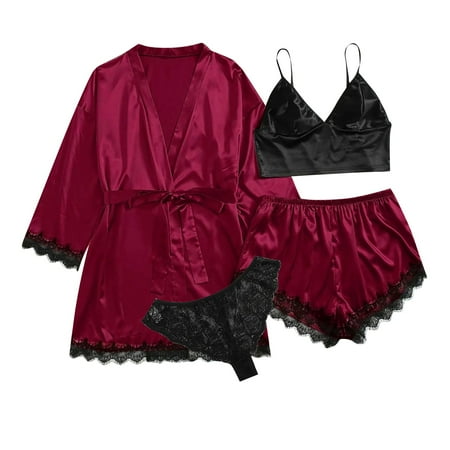 

Qcmgmg 4 Pack Solid Color Sleepwear Lace Pajamas Set Sexy Bra Shorts Set Nightgown Eyelash Women Pjs