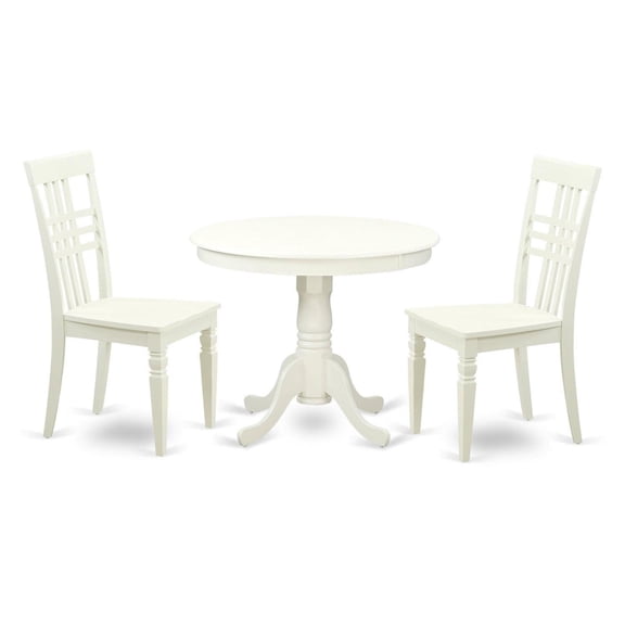Sleek Antique Small Kitchen Table Set - Linen White, 36" Circular Top, Beveled Sides, Sturdy Pedestal Stand, 2 High-Backed Chairs.