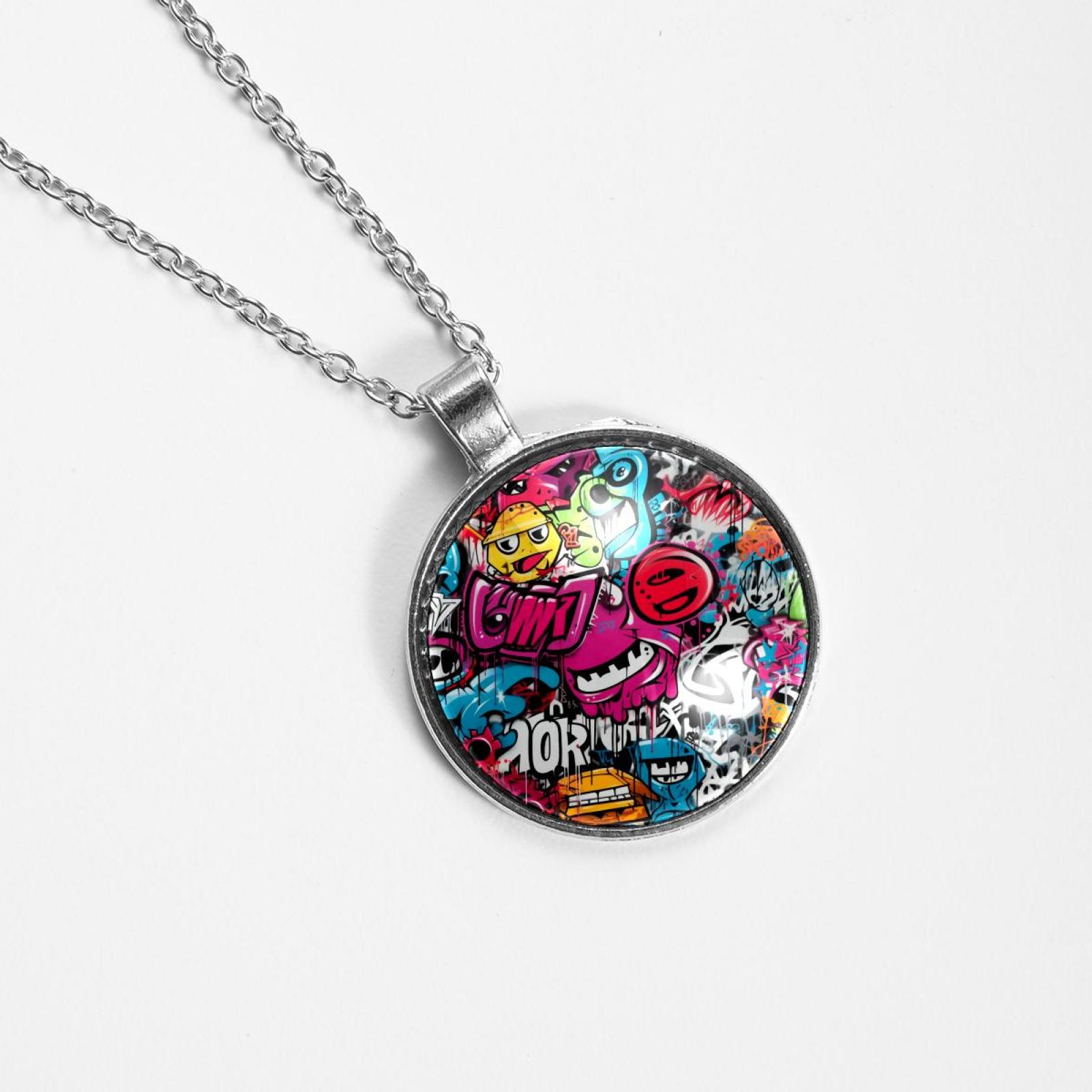 Graffiti Glass Circular Pendant Necklace - Elegant Jewelry for Women ...