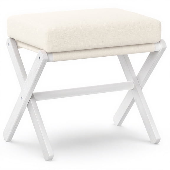 Bamboohomie Foldable Vanity Stool, Bamboo X-Leg Patio Ottoman and Footstool with Padded Cushion, 250 lbs Capacity, White