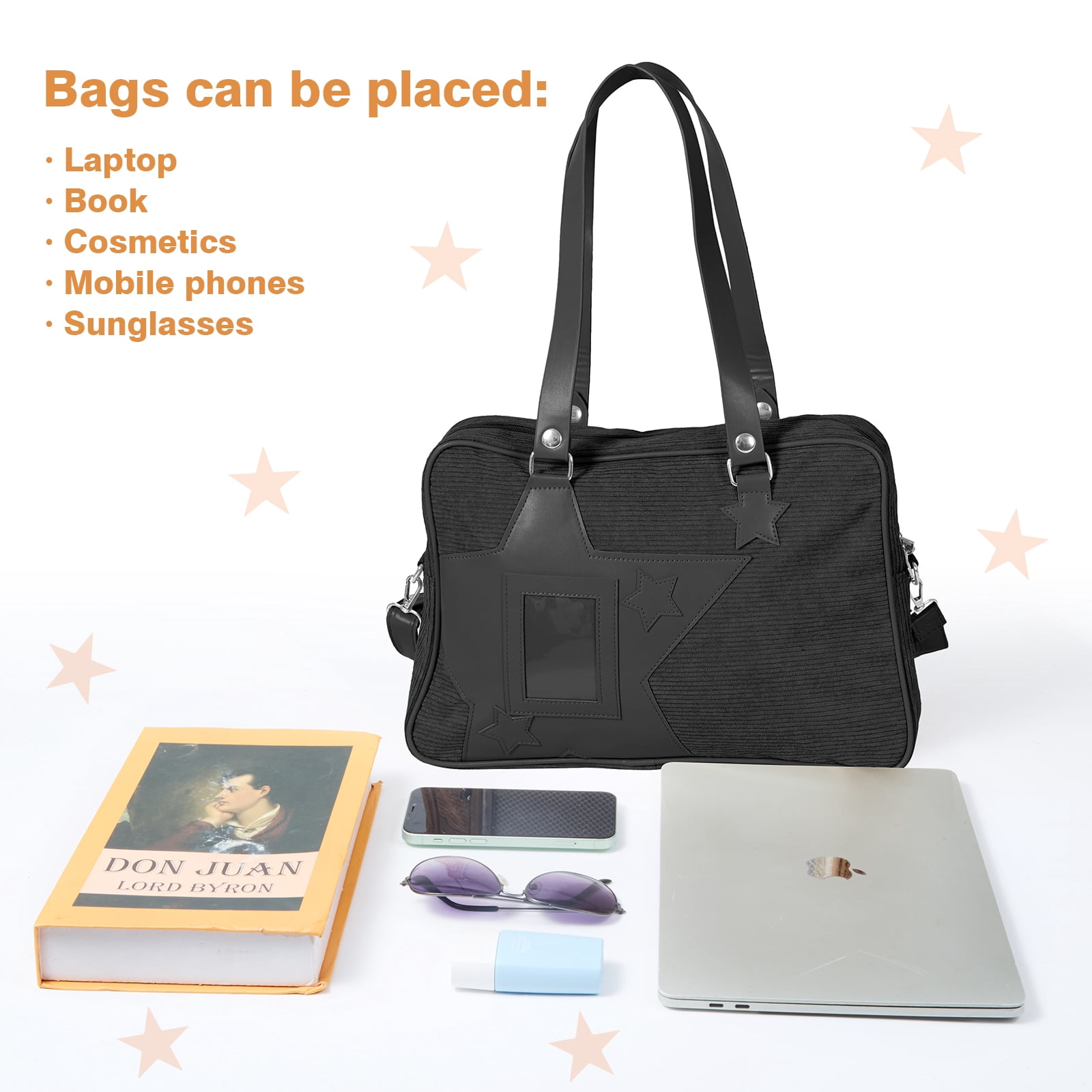 ZingZaak Kawaii Ita Bag Crossbody, Pin Purse, Messenger Bag Pin Display,Shoulderbag with Transparent Incert, Corduroy (black)