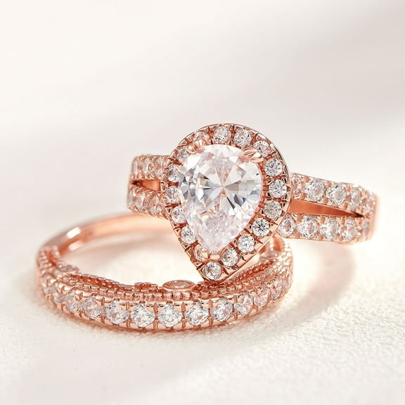 Hitanshu Jewels For His & Her Anniversary Set Ring Pear Cut Cubic Zirconia 14K Rose Gold Finish
