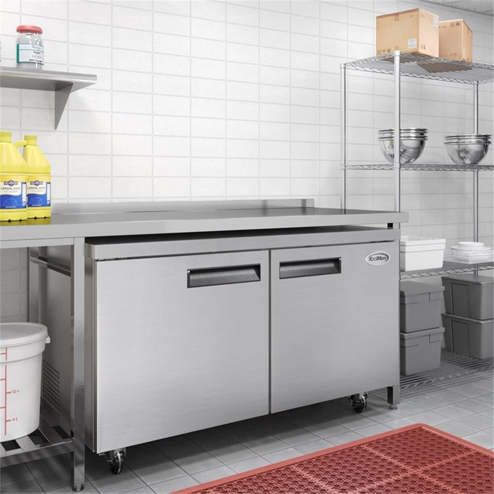 Pemberly Row 60" Two-Door Commercial Undercounter Freezer with Casters in Silver