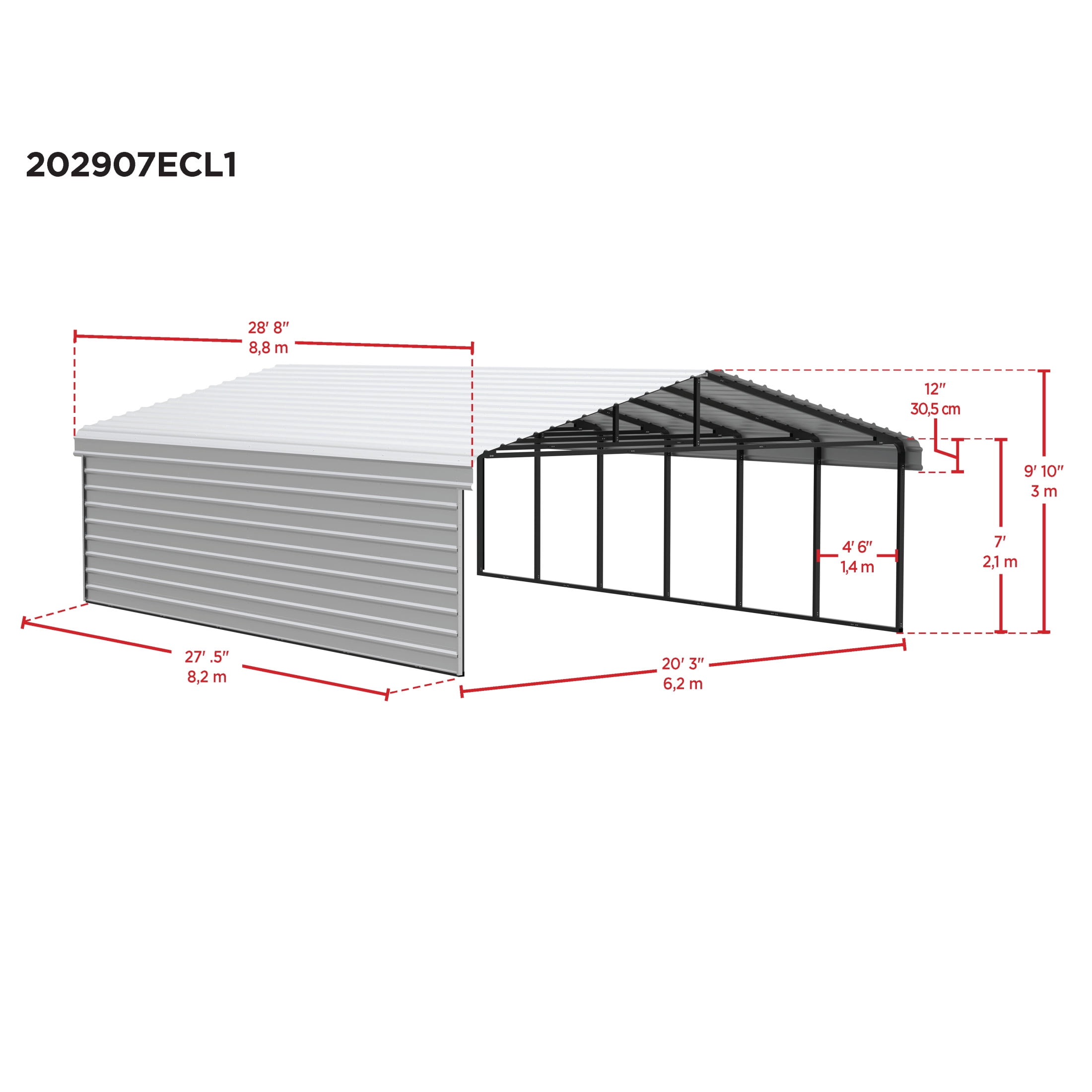 Arrow 20 x 29 x 7 ft Charcoal Carport With 1 Side Wall Kit
