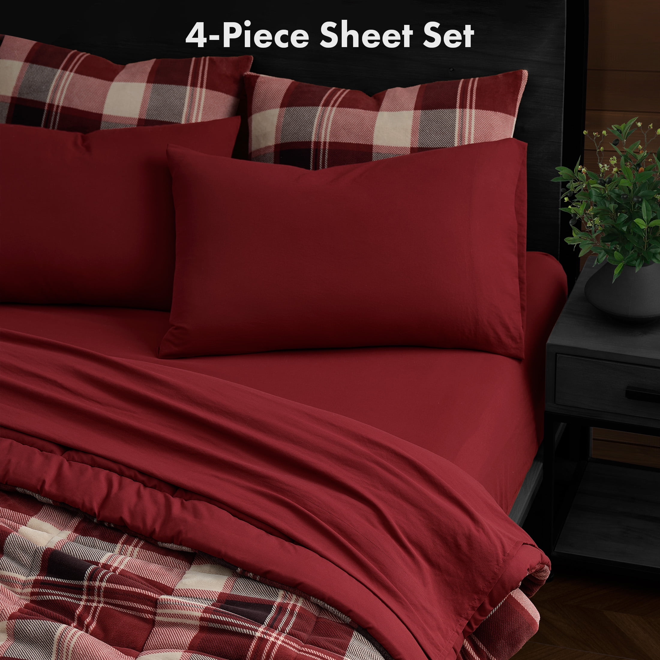 Pawz Queen Sheet Set, Soft Microfiber Bed Sheets with 2 Pillowcases, Red, Queen Size