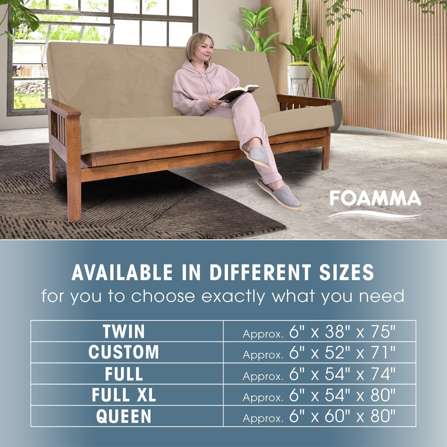 Foamma Memory Foam Futon Mattress, Double-Sided Foldout Couch Futon Mattress - Twin Size (Beige) - Comfortable and Heavy Duty Sofa Bed, Thick Corded Cushion for All (Frame NOT Included)