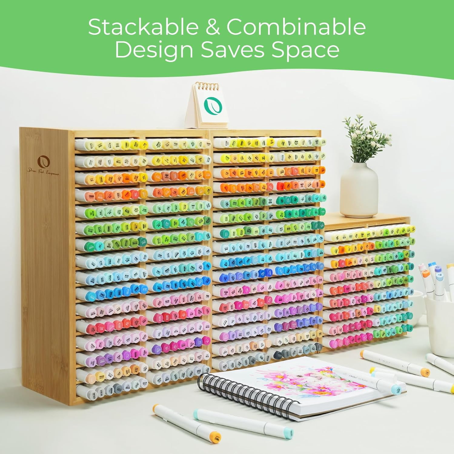 Ohuhu Bamboo Marker Organizer, Holds 224 Markers, 32 Compartments for Desktop, Pens, Oahu Series