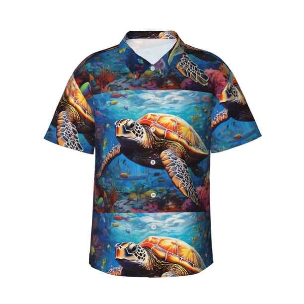 Fotbe Colorful Underwater Sea Turtle Camisa Hawaiana para Hombre Unisex – Camisa Casual de Verano con Botones de Manga Corta de Algodón y Lino,Large