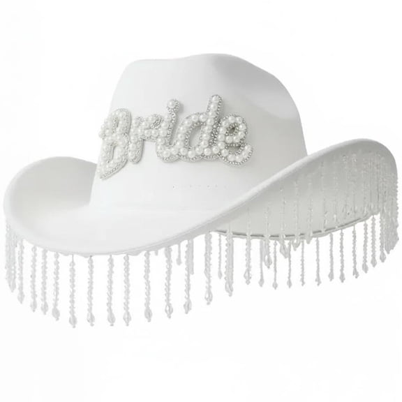 Byfri White Rhinestone Pearl Bride Cowboy Hat Western Style Bachelorette Party Hat 56-58cm