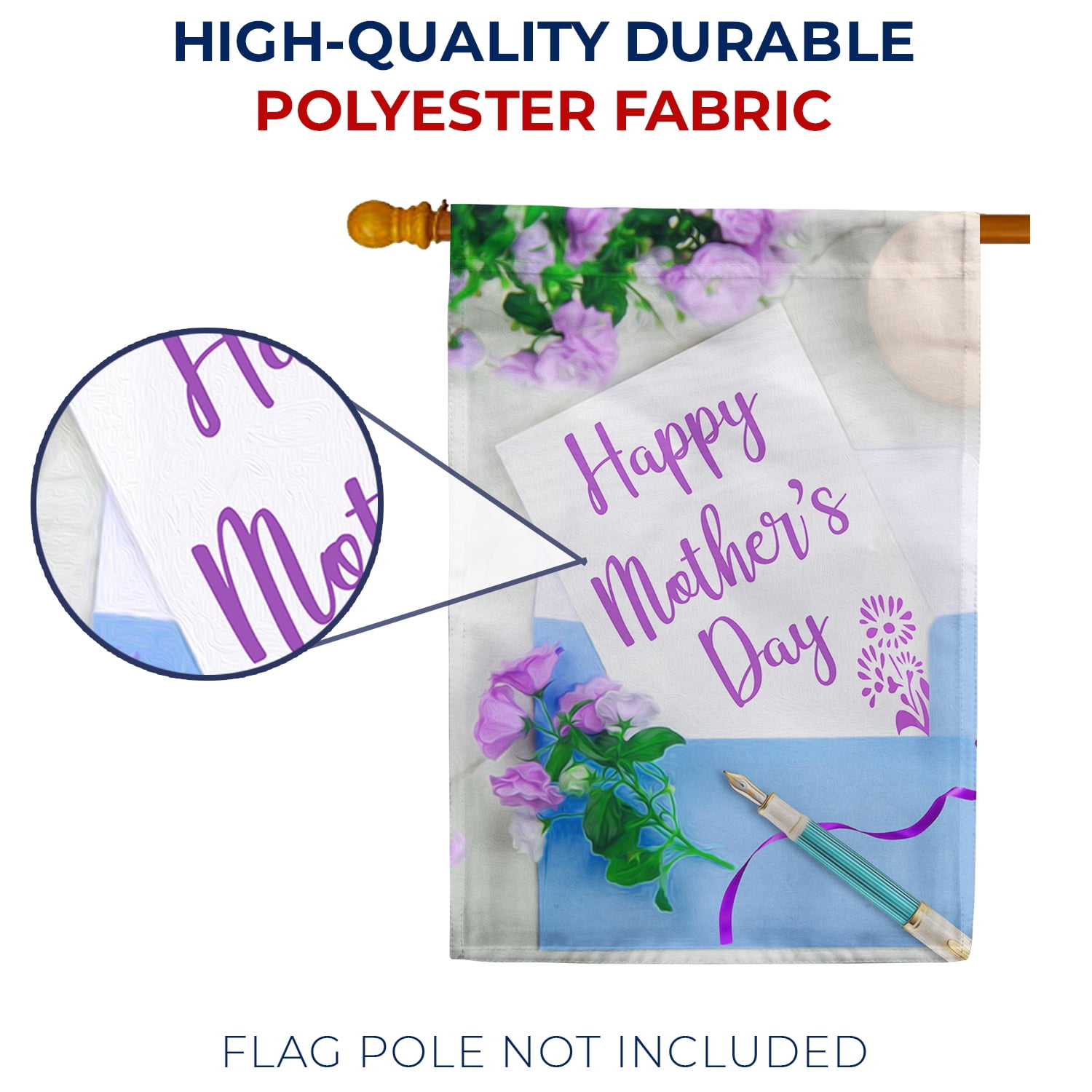 America Forever Happy Mother's Day Note House Flag 28 x 40 inches Floral Greetings Card Purple Flowers Double Sided Holiday Seasonal Yard Outdoor Decorative I Love You Mom Flag