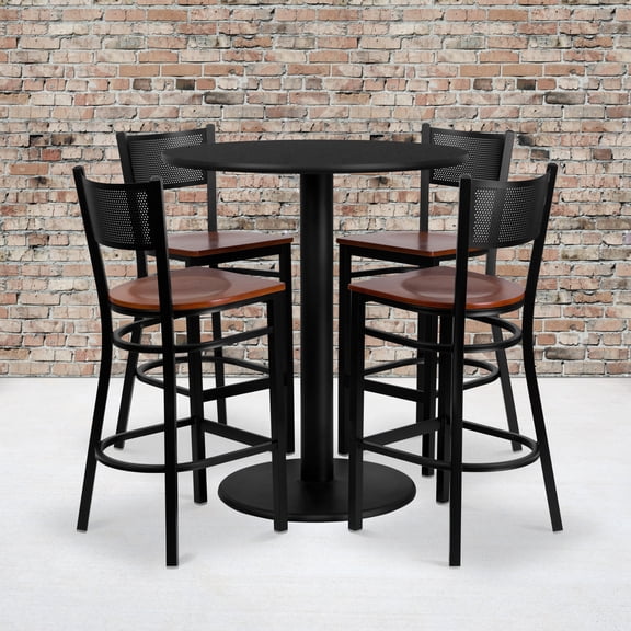 Emma   Oliver 36" Round Black Laminate Table Set, 4 Grid Back Metal Barstools