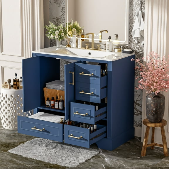 Harper & Bright Designs 36" Bathroom Vanity Sink Combo with Storage , Bathroom Storage Cabinet with Soft Close Doors and Drawers, Blue