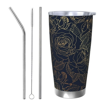 

Cauagu Copper-Gold Gloss Outline Rose Pattern 20oz Tumbler Stainless Steel Vacuum Insulated Tumbler with Lid Insulated Coffee Mug Thermal Cup with Splash Proof Sliding Lid-Straw Three-piece Set