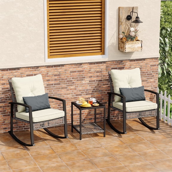 LAZZO 3 Pieces Patio Outdoor Conversation Set with Lumbar Pillows and Coffee Table, Gray PE Wicker Rocking Chairs with Beige Cushions