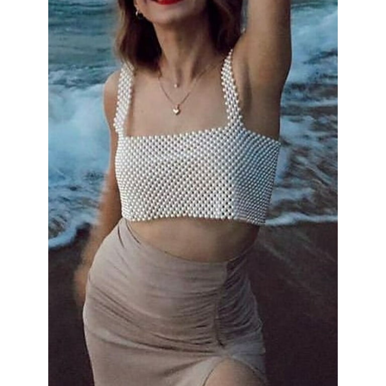 Women Sexy Pearls Beaded Top Pearl Crop Top Spaghetti Strap Bra Cover up  Top Tank Top Party Jewelry Tank Cami Clubwear