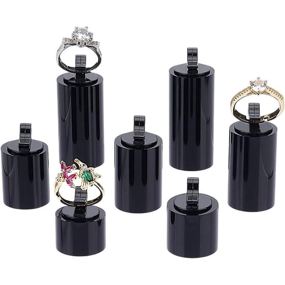 7Pcs Black Acrylic Ring Display Stand 7 Sizes Column Shape Ring Showcase Display Holder Rings Stand Jewelry Storage Organizer Display Riser Stand