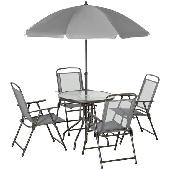 6 Piece Patio Dining Set for 4 with Umbrella, Outdoor Table and Chairs with 4 Folding Dining Chairs & Round Glass Table for Garden, Backyard and Poolside, Gray