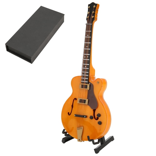 Guitarra eléctrica hueca de madera en miniatura dorada con soporte, modelo de instrumento musical de 7,1 pulgadas.