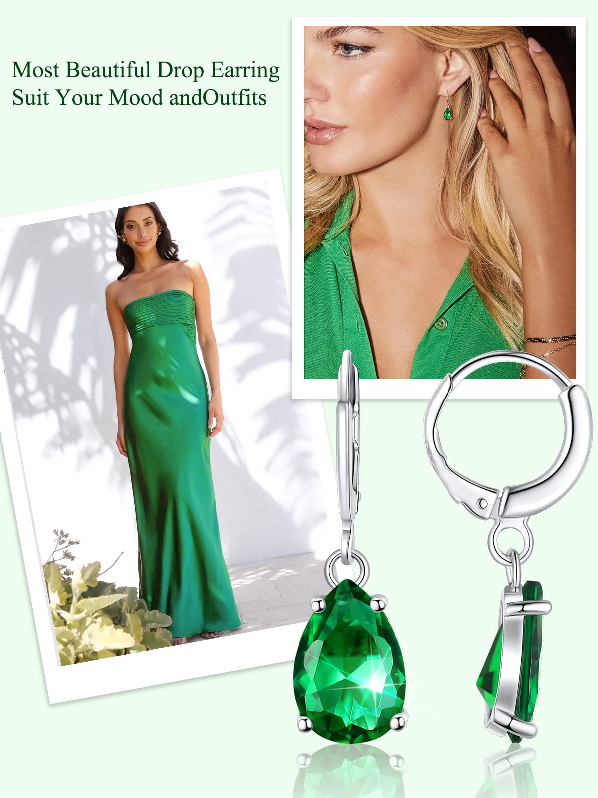 FOCALOOK Birthstone Dangle Hoop Earrings for Women Sterling Silver Teardrop Cubic Zirconia May Green Emerald Leverback Huggie Drop Earrings Birthday Mothers Day Jewelry Gift