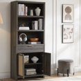 thumbnail image 4 of OAKHAM 5 Shelf Bookcase Set of 2 , 73" Tall Rattan Bookshelf with Doors Cabinet and Drawer, Midnight Oak, 4 of 11