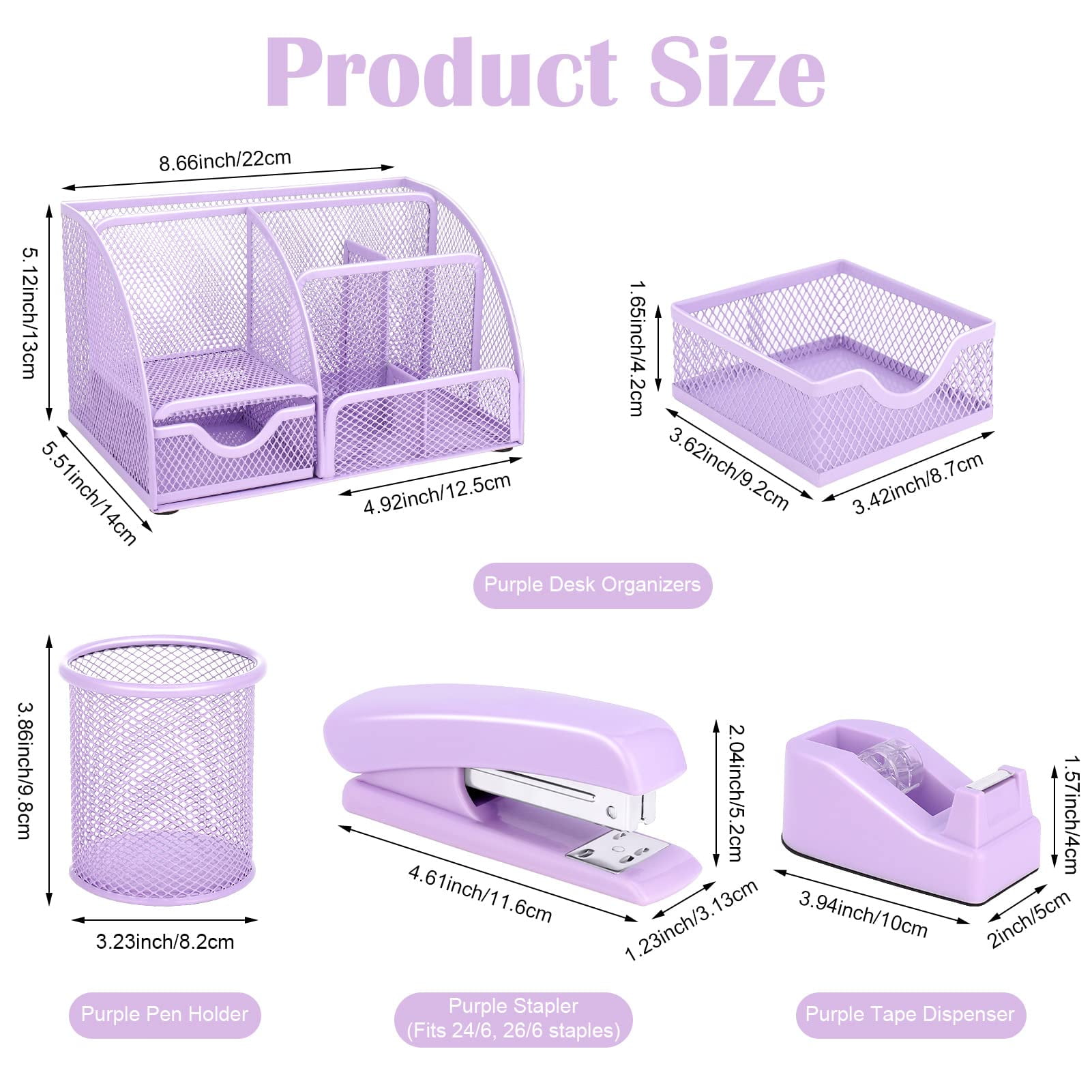Aertyole Purple Mesh Desk Organizer and Accessories, Purple Office Supplies 7 Compartments Desk Organizer with Stapler, Tape Dispenser, 1000 Staples, Pen Holder, Staple Remover, Clips, Ruler, Scissor