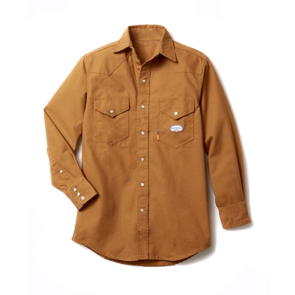 Rasco FR Duck Snap Shirt - Premium Duck Fabric - Western Style Yoke - NFPA 2112 Compliant - Arc Rated 12 Cal cm2 - CAT 2 - NFPA 70E Compliant - Brown 3XL