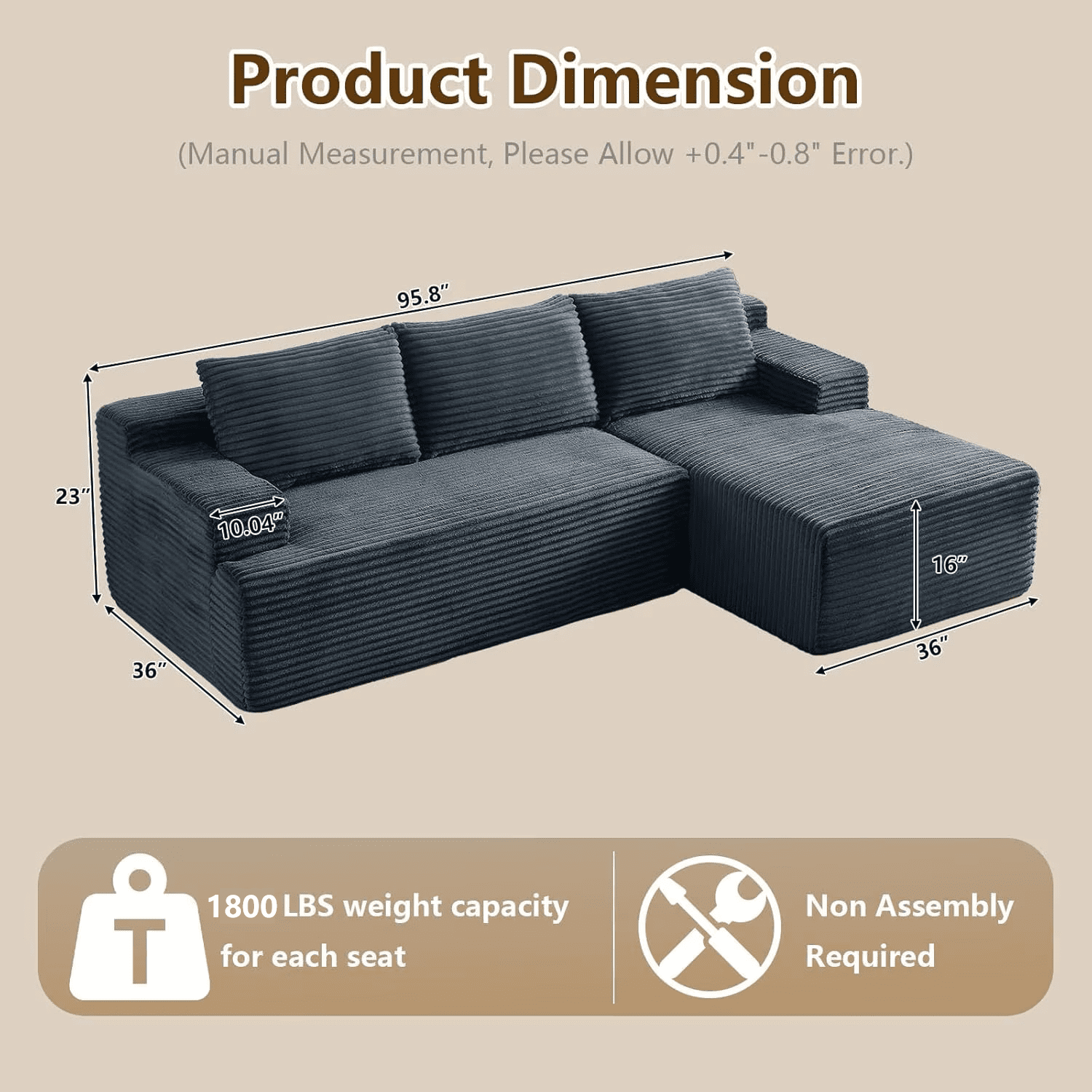 96" Boneless Cloud Couch with Chaise, Modular Sectional Sofa for Living Room, No Assembly Required, Deep Seat Corduroy Couch, Dray Gray