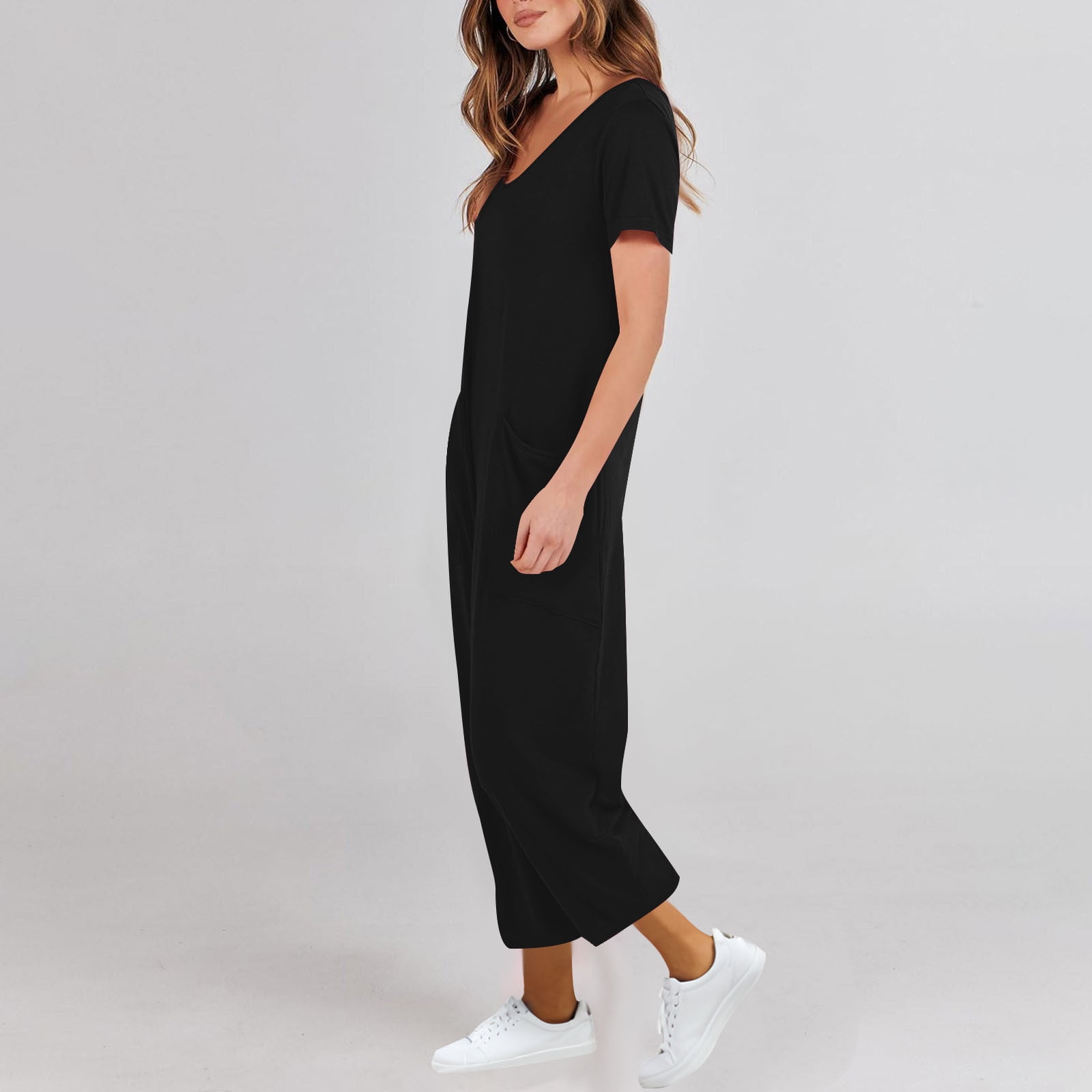 AGWOLF Adult Onesie Pajamas for Women Stretch V Neck Short Sleeve Jumpsuits Loose Fit Solid Ankle Length Pants Summer Rompers with Pockets Soft Sleepwear Homewear One Piece Black XXL