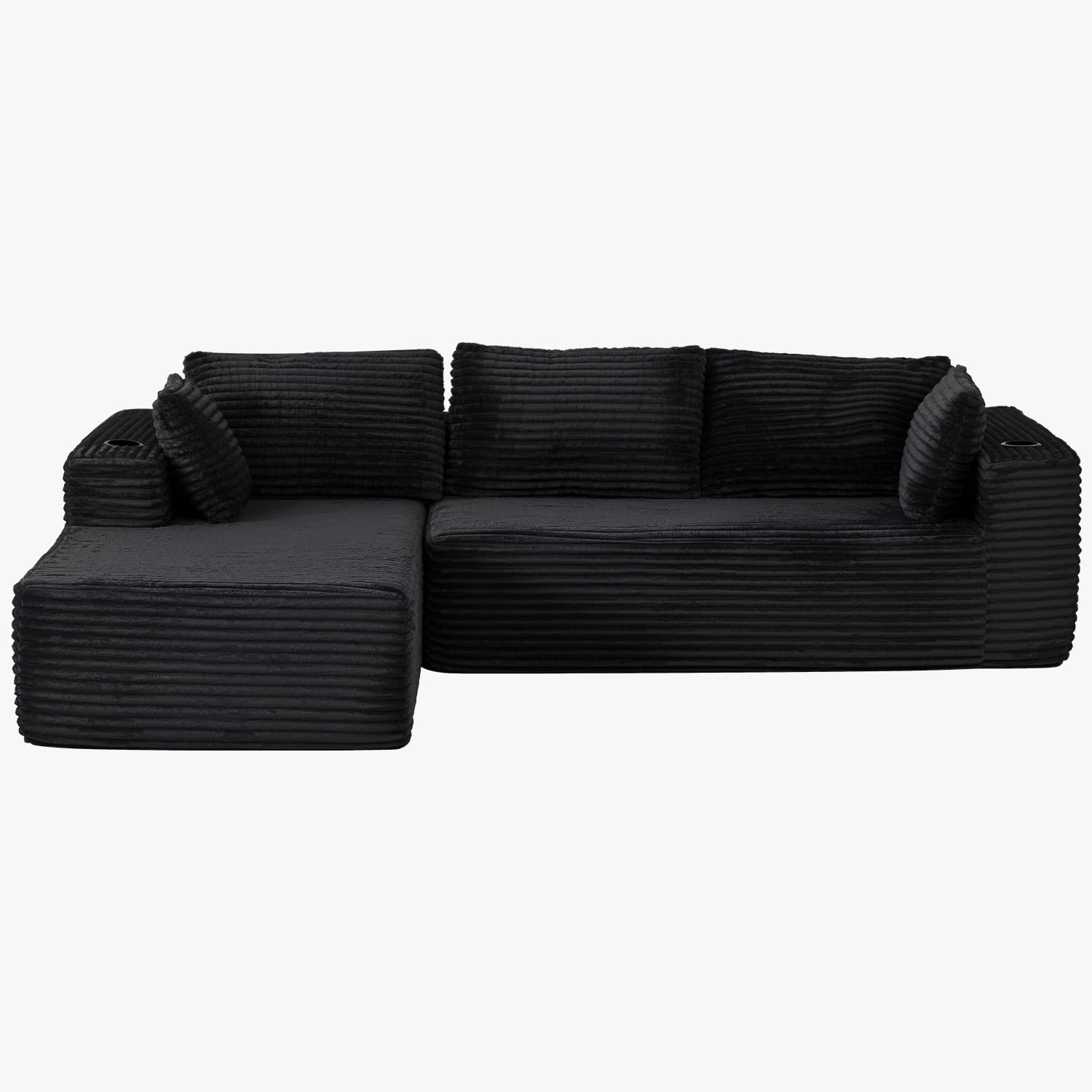 BaPiPro 105.5" L-Shaped Boneless Corduroy Cloud Sofa, Deep Chaise w/ Cup Holders & Wide Arms, Detachable Washable Cover, No Assembly Floor Couch for Living Room & Apt, Black