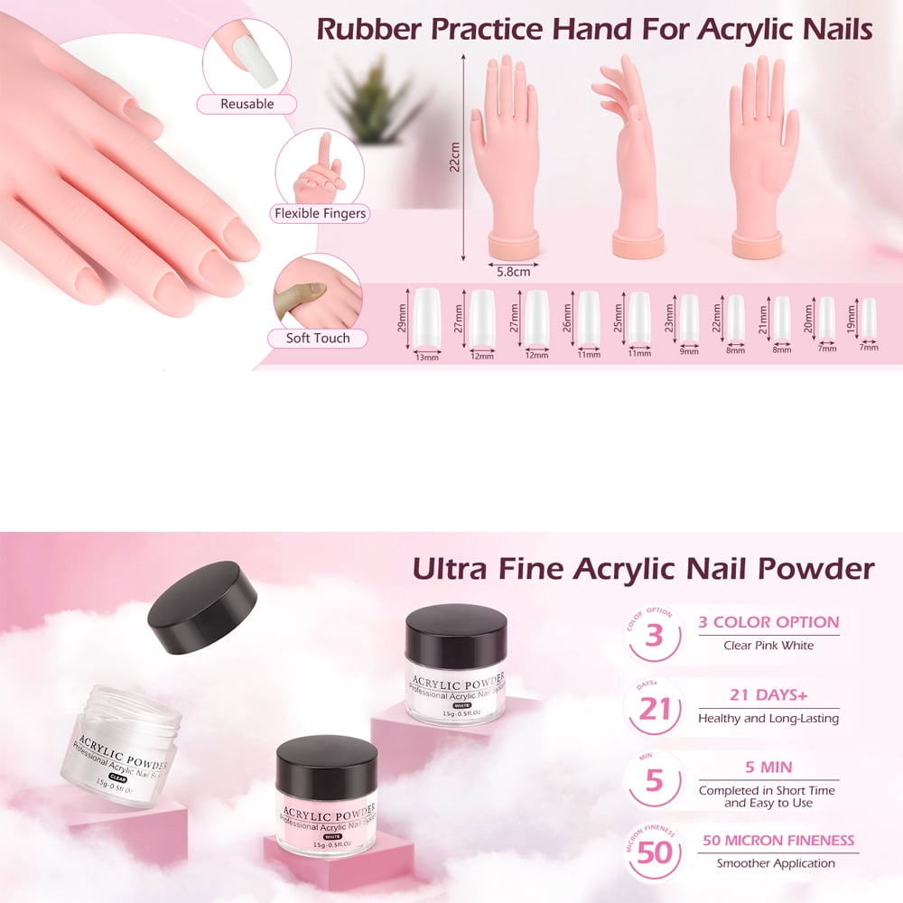 42-Color Acrylic Powder Kit with Practice Manikin Hand for Nail Art Training (Beginner-Friendly Acrylic Nails Set)