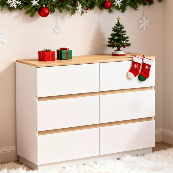 Ktaxon 6 Drawer Double Dresser Wood Dresser Organizer Storage Cabinet Chest Of Drawers, White