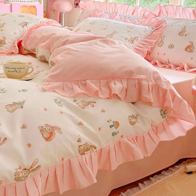 Sanrio Cartoon Hello Kitty Pure Cotton Four-piece Set Cute Princess Style Bed Sheet Quilt Cover Pillowcase Three-piece Gift Set RJ