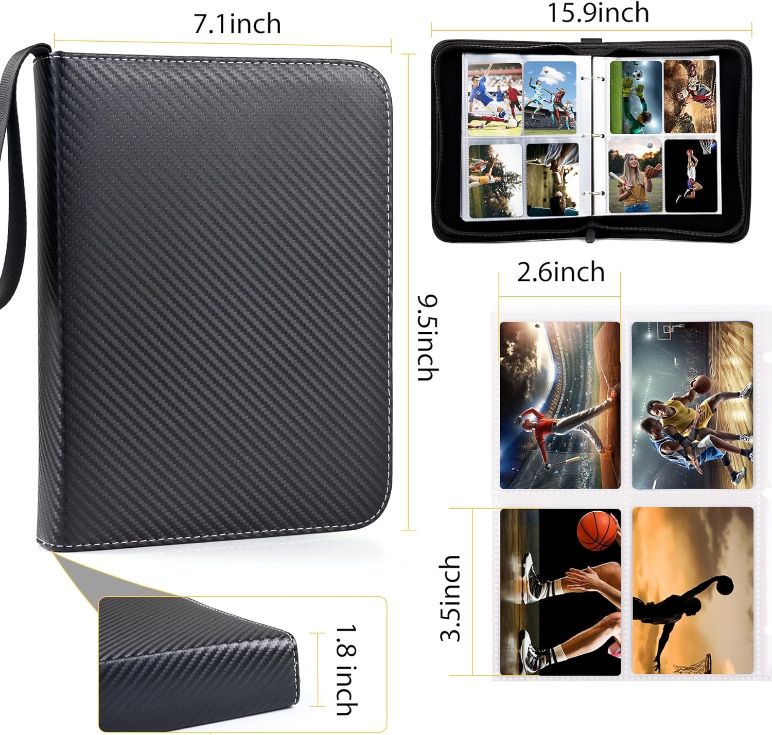 400 Pockets Trading Card Binder, 4 Pocket Zip Trading Card Binder, Double Sided Pocket PU Card Collection Binder Holder Carry Card Case for Baseball Card, Football Card, Game Cards