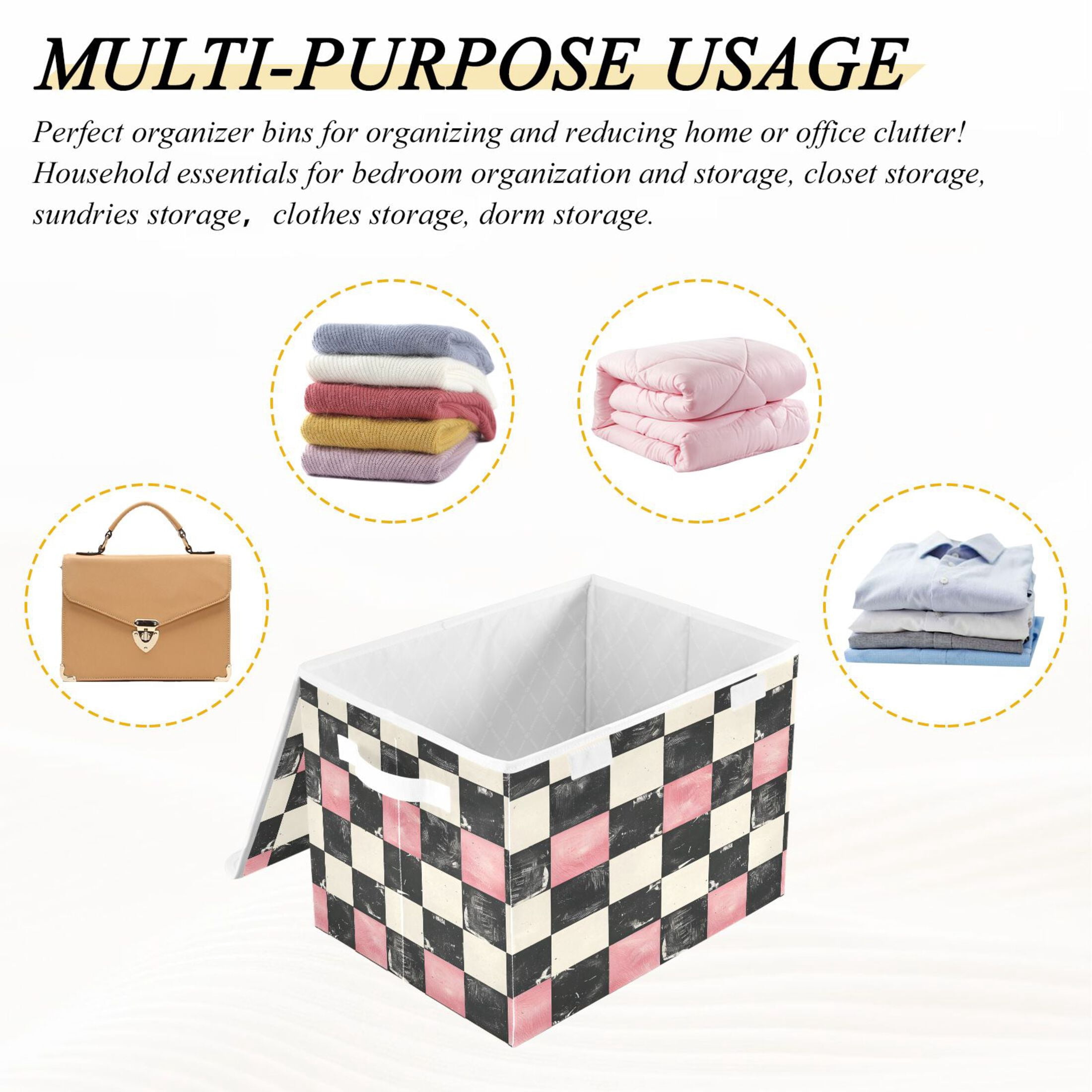 Ryvnso Pink and Black Checkered Pattern Large Lidded Foldable Storage Baskets Cubes Boxes Lids Bin for Home
