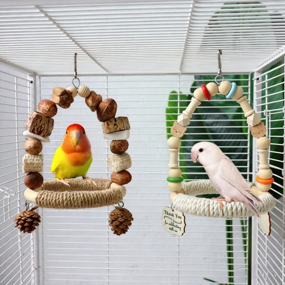 Colorful Wooden Parrot Claw Sharpening Sandstone Standing Swing Stick, Frosted Bird Perch with Beads for Exercise & Play, Pet Supplies, 28x12cm