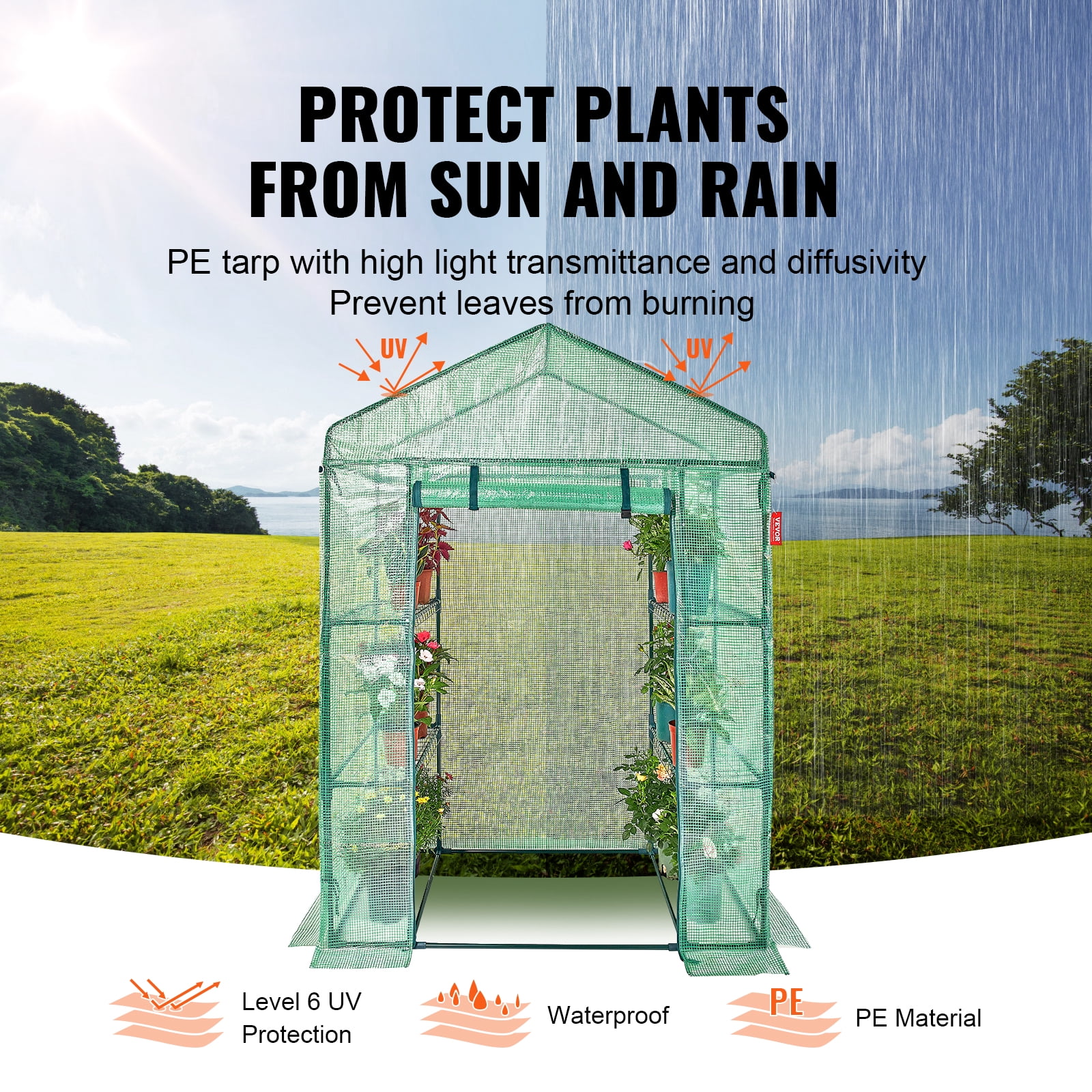 VEVOR Walk-in Green House, 4.6 x 2.4 x 6.7 ft, Greenhouse with Shelves, High Strength PE Cover with Doors, Windows and Steel Frame, Set Up in Minutes, for Planting and Storage