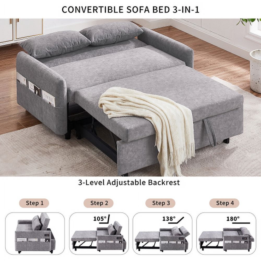 Leumius 2 Seat Sofa Couch with Pull Out Sleep Sofa Bed, Modern Loveseats with USB Ports, Gray