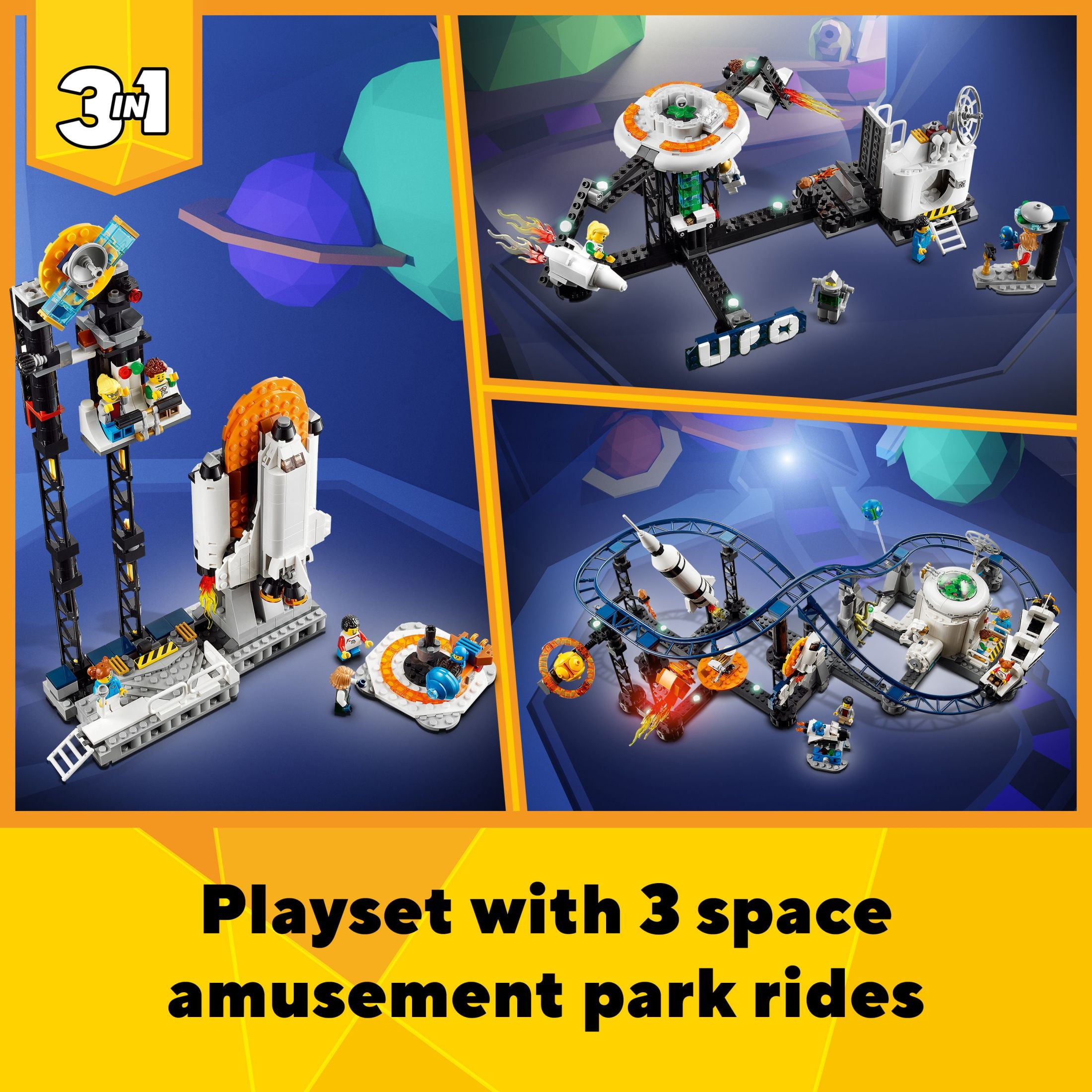 LEGO Creator 3 in 1 Space Roller Coaster, Rebuildable Amusement Park, Build  as a Winding Roller Coaster or Drop Tower or Spinning Carousel, with 5  Minifigures, Building Toy Set for Kids Ages 9+, 31142 