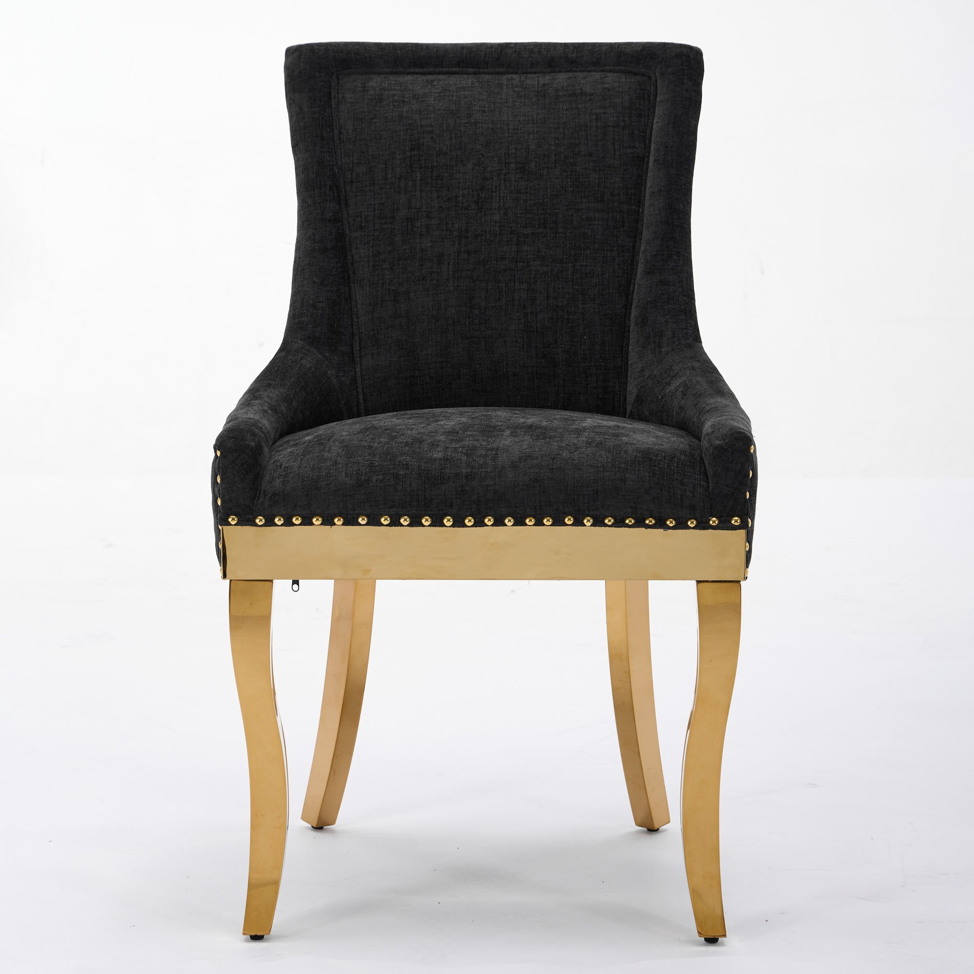 BSHTI Chenille Dining Chairs Set of 2, Black Fabric Upholstered Chairs with Curved Gold-Plated Legs & Rivet Trim – Stylish Dining or Lounge Accent Chairs, One-Piece Sturdy Frame