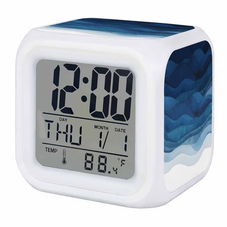 Navy Blue Ombre Digital Alarm Clock for Bedrooms, Smart LED Alarm Clock with 7 Color Changing Night Light, Modern Moire Gradient Watercolor Silent Wake Up Clocks for Sleep Study Cooking 3.2x3.2