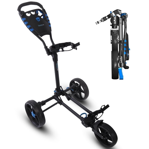 SereneLife Golf Flat Fold 3 Wheel Golf Cart - New Deluxe Scorecard Holder, Upper & Lower Brackets with Elastic Strap, Includes Umbrella Holder, Without Carrying Bag