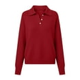 thumbnail image 4 of QSAWXQZ Women's Collared V Neck Pullover Sweater with Quarter Button Long Sleeve Solid Ribbed Knit Top Red S, 4 of 4