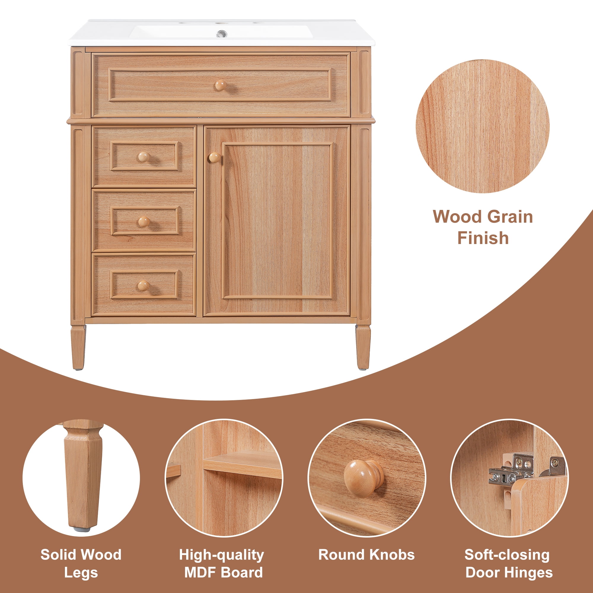 Euroco 30" Bathroom Vanity with Sink, Wood Vanity Cabinet with Flip-Out Drawer, 2 Soft-Close Drawers, 1 Soft-Close Door, Solid Wood & MDF, Elegant Wood Handles