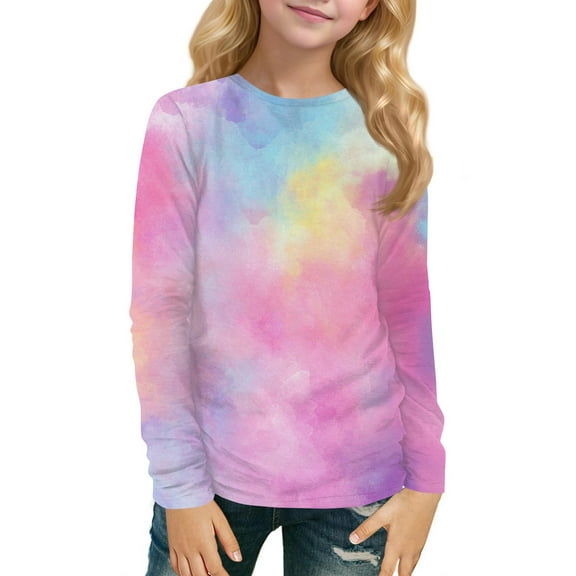 XADYUY Long Sleeve Shirts for Girls 10-12 Crewneck Winter Tshirts for Girls Casual Basic Top for Girls Cute Tie Dye Girls Blouses 5-6 Years,Multicolor