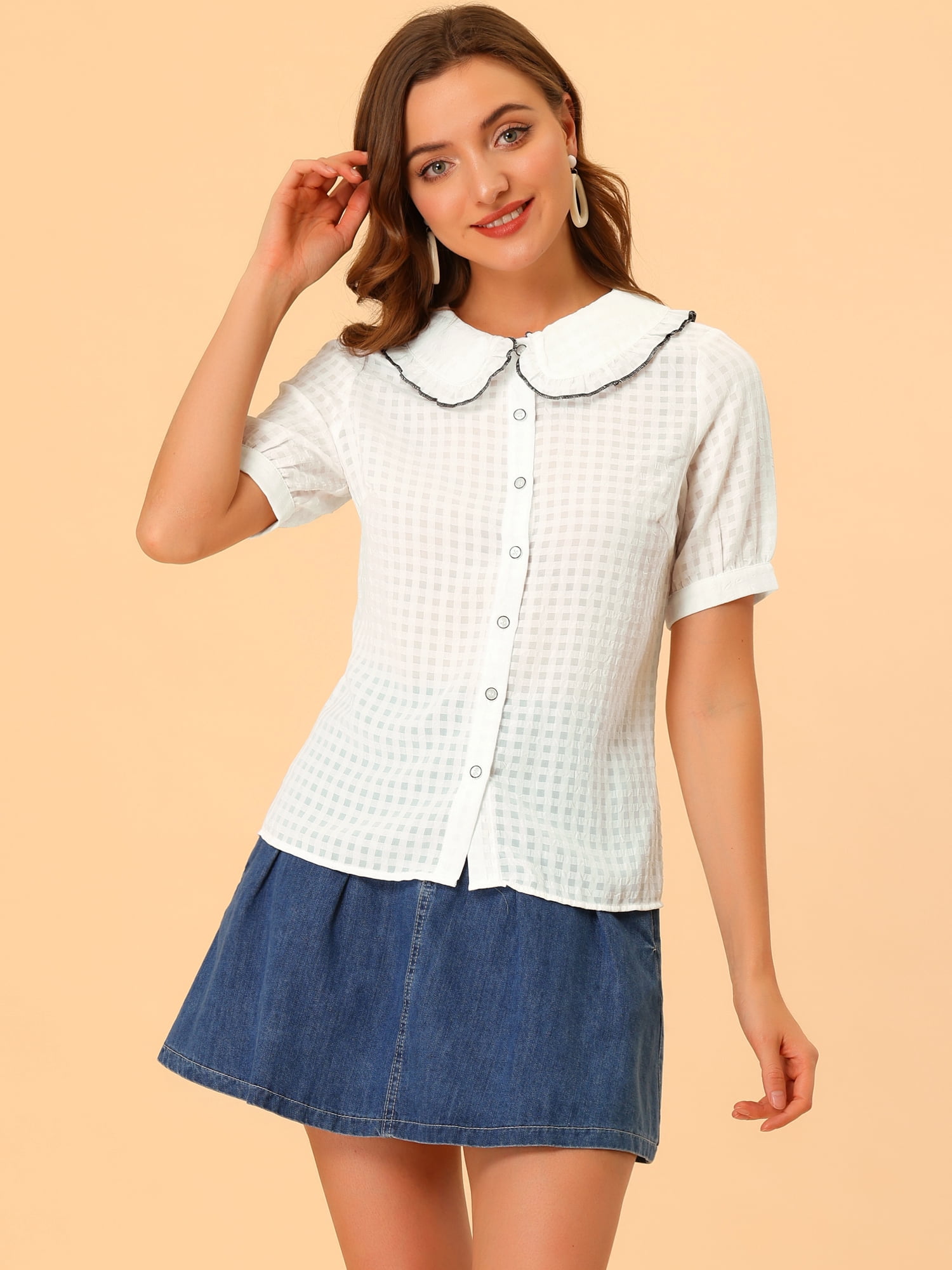 DARING DIVA Women's Peter Pan Collar Ruffled Trim Gingham Shirts Blouse M White
