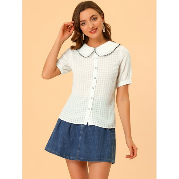 Blusa Abotonada Con Cuello Peter Pan Y Ribete De Color En