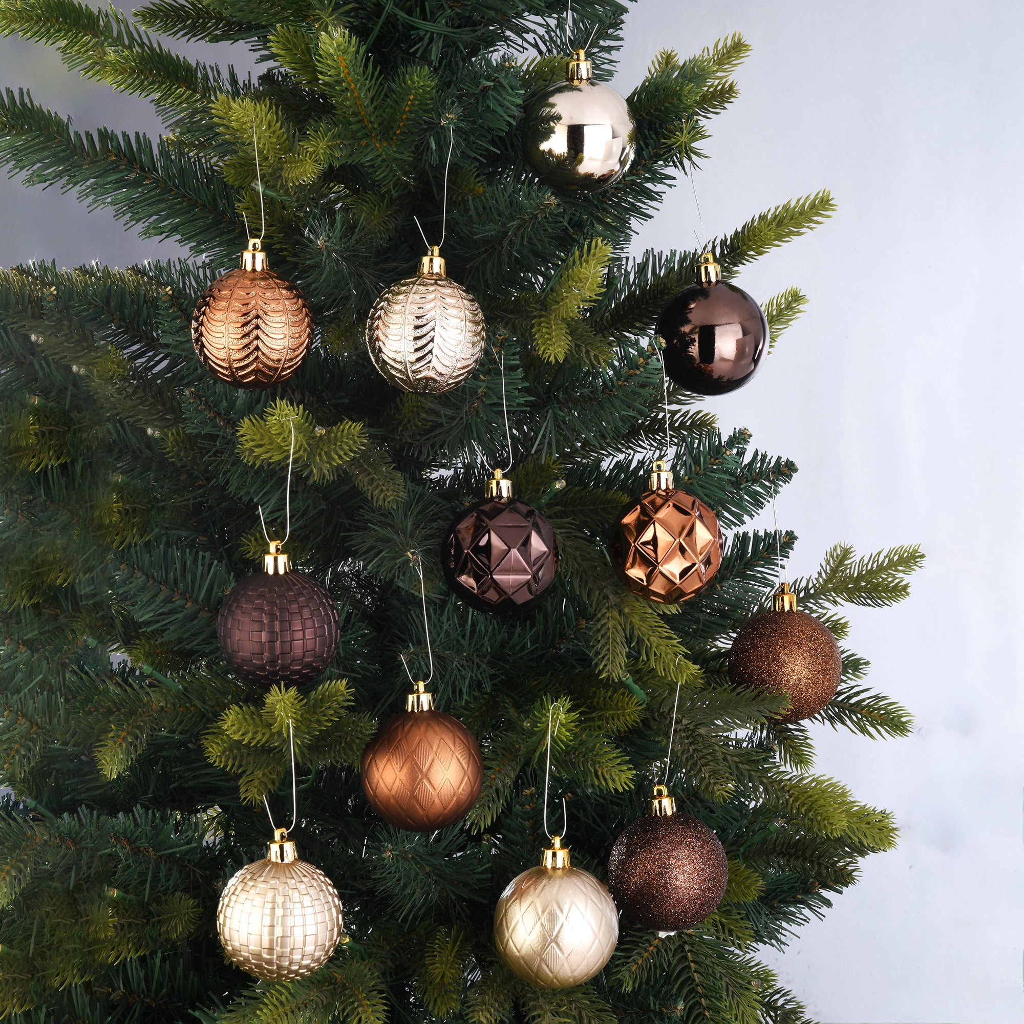 24-Count Brown, Bronze, and Champagne Shatterproof Multi-Textured Christmas Ornaments, 2.36 in, by Holiday Time